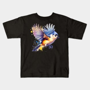 Watercolor Flying Tufted Titmouse Kids T-Shirt